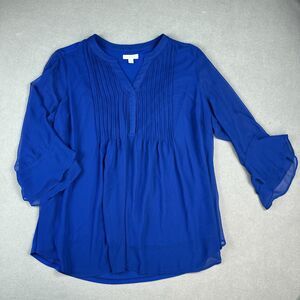 Charter Club Blouse Womens 2X V Neck Pintuck Chiffon Sheer Sleeve Top Shirt Blue